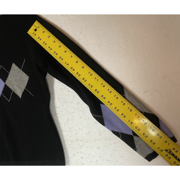 Valerie Stevens 2 Ply Cashmere Sweater Size M Black Purple Argyle Rhinestone Vtg - Picture 7 of 9